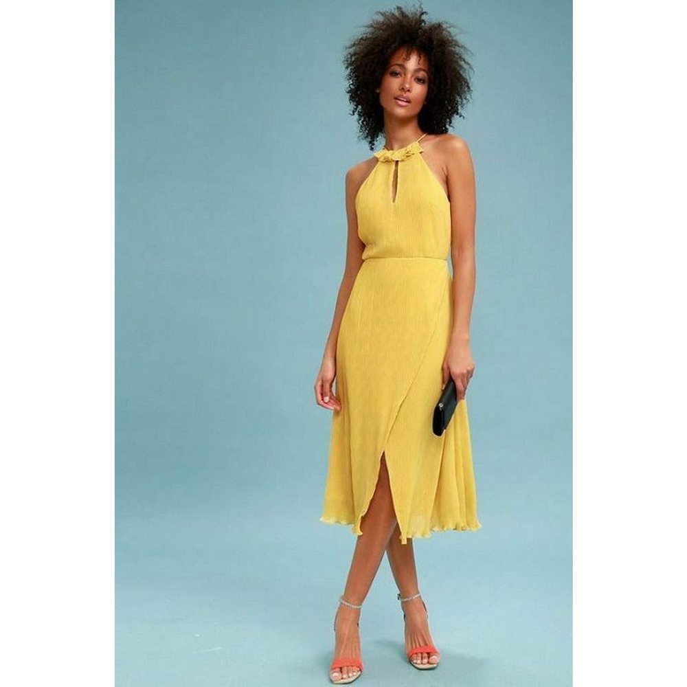 Keepsake the label Golden yellow chiffon Halter pleated flowy dress Medium